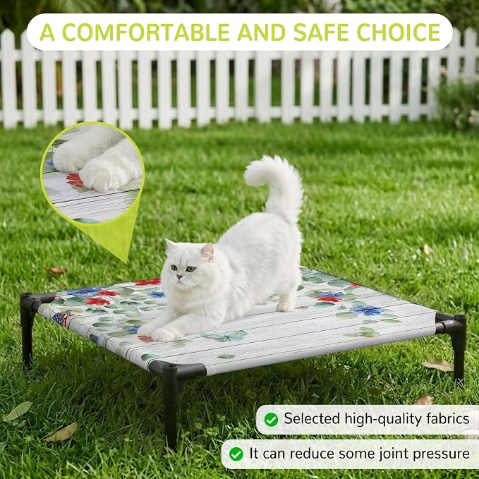 Outdoor Elevated Dog Bed for Small Dogs, Independence Day Breathable Cooling Raised Dog Cot for Indoor/Outdoor, Eucalyptus Leaves Floral Wooden Plank Waterproof Elevated Pet Beds, S 20 x 20 in