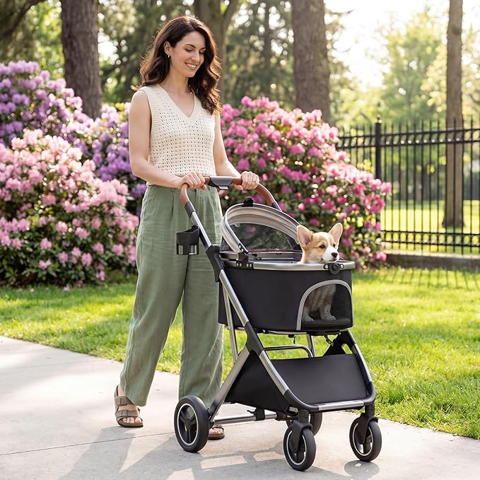 Dog Strollers for Small Medium Dogs Cats 44 lbs,3-in-1 Detachable Pet Carrier Stroller,4 Wheels One-Hand Fold Travel Carriage with Storage Basket,Pet Pad,Cup Holder,Khaki