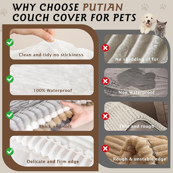 PuTian 100% Waterproof Fuzzy Couch Cover for Dogs White 27.6"x27.6" | Pet Friendly Dog Mat for Couch, Waterproof Sofa Protector, Scratch Resistant Furniture Cover for Dogs, Machine Washable