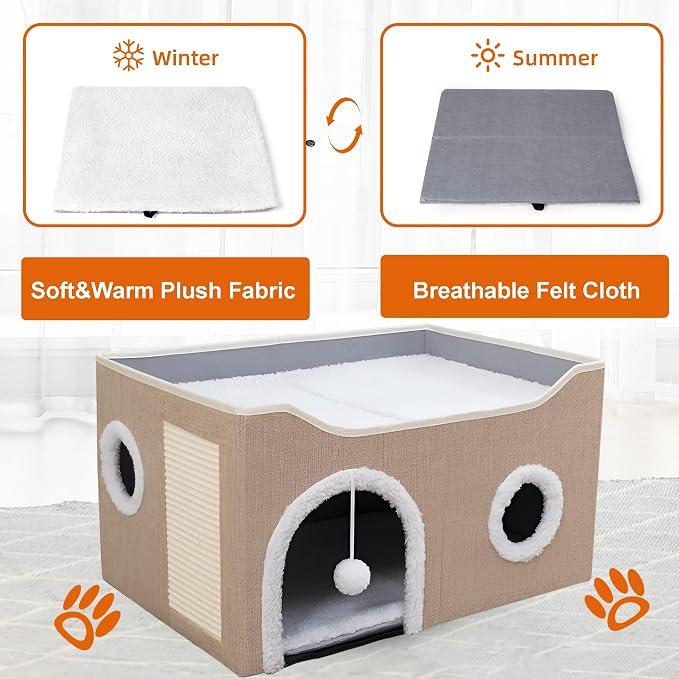 Loyareal Cat Houses for Indoor Cats - Large Cat Bed Cave with Scratch Pad and Fluffy Ball, Foldable Cat Condo Hideaway with Reversible Cushion for Multi Small Pet, Khaki