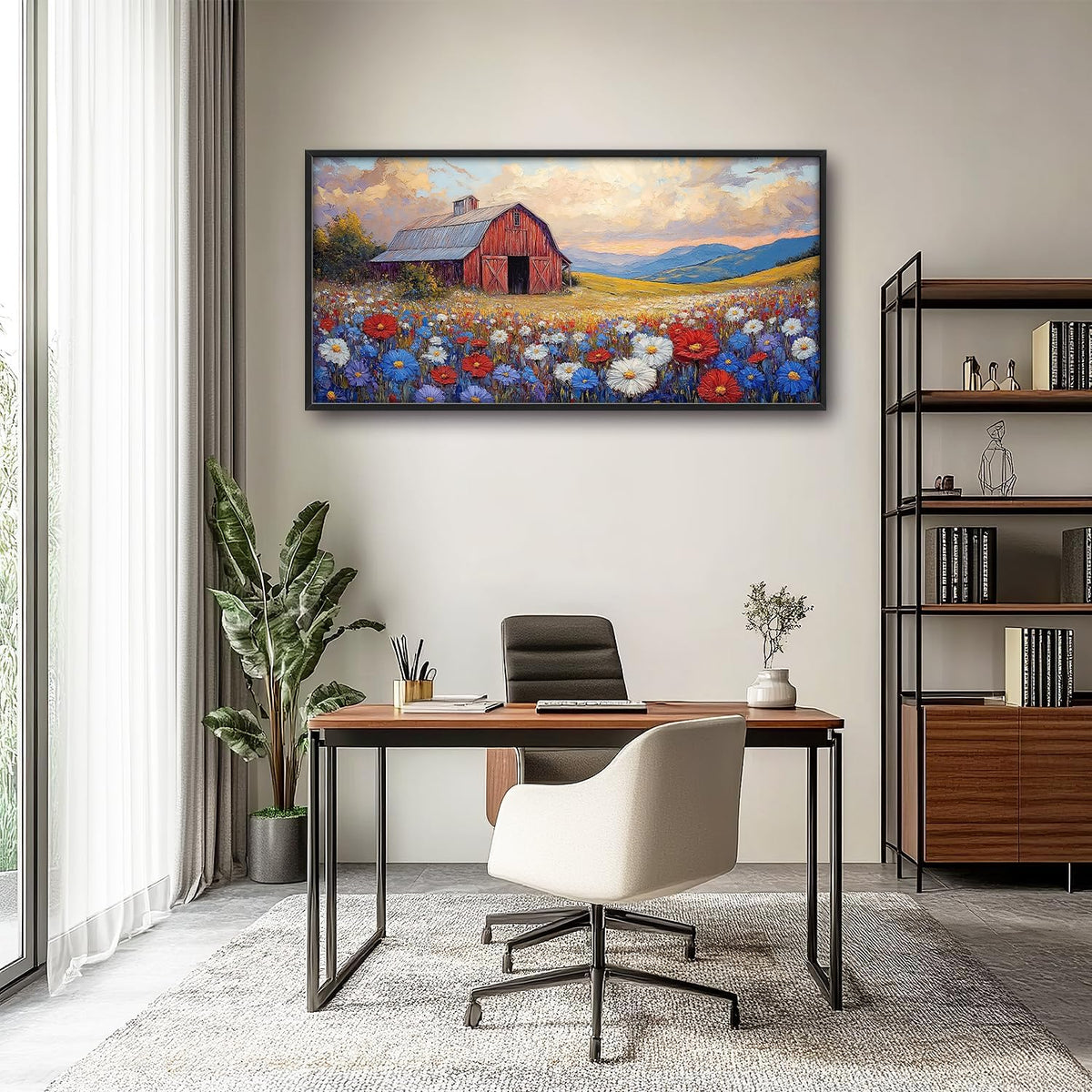Large Farmhouse Barn Daisy Wall Art for Living Room, Floral Landscape Canvas Oversized Wall Decor, Flower Scenery Framed Pictures Painting Print Artwork for Bedroom Office 60"L x 30"W