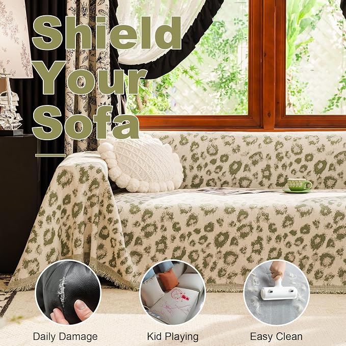 VClife Aesthetic Leopard Couch Cover for Dog, Washable Sofa Cover for Oversize Couch, Aesthetic Green Animal Theme Furniture Protector, Comfortable All Season Couch Slip Cover Futon Cover for Sofa