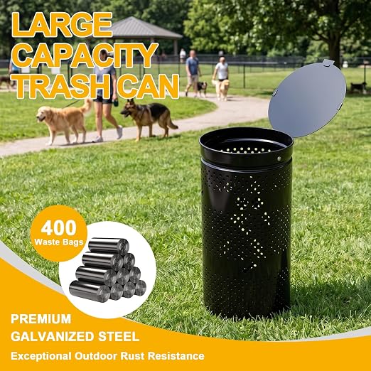 10 Gallon Galvanized Dog Waste Trash Can, Black | Durable galvanized steel pet waste bin with wall post and ground installation options, ideal for parks, yards and communities