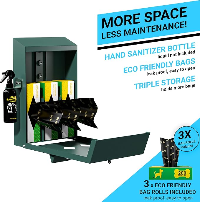 EMMA + OLIVER Locking Dog Waste Bag Dispenser with Glow in the Dark Sign | Hand Sanitizer Bottle and Rain Guard, 600 Roll Bags Include