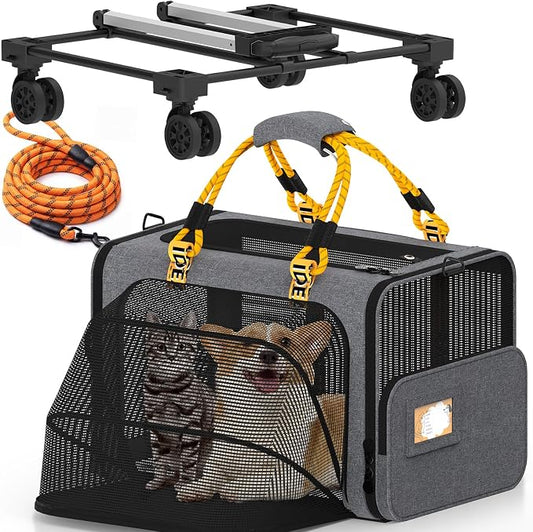 PAWZIDEA Expandable Large Pet Carrier with Wheels, 24x16x16 in Rolling Cat Carrier for 2–4 Cats up 55lb, Soft-Sided Collapsible Small Medium Dog Crate for Car Travel, Telescopic Handle, Storage Pocket