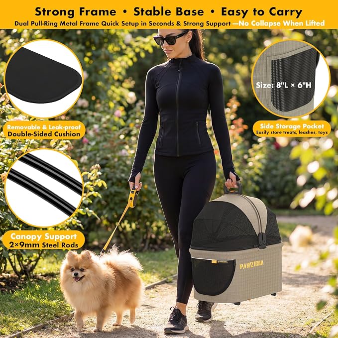 PAWZIDEA 4-in-1 Pet Stroller with Detachable Carrier, Escape-Proof No-Zip Canopy, Lightweight Foldable Dog Stroller for Small Medium Dogs & Cats, Portable Travel Crate & Car Seat Combo, Storage Basket