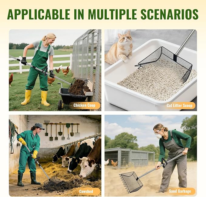 Chicken Poop Scooper, 2-in-1 Coop Scoop & Chicken Coop Rake, Sand Sifting Shovel with Adjustable Stainless Steel Handle, Up to 65 in, No-Bend Cleaning Tool - Patent-Pending (Black)