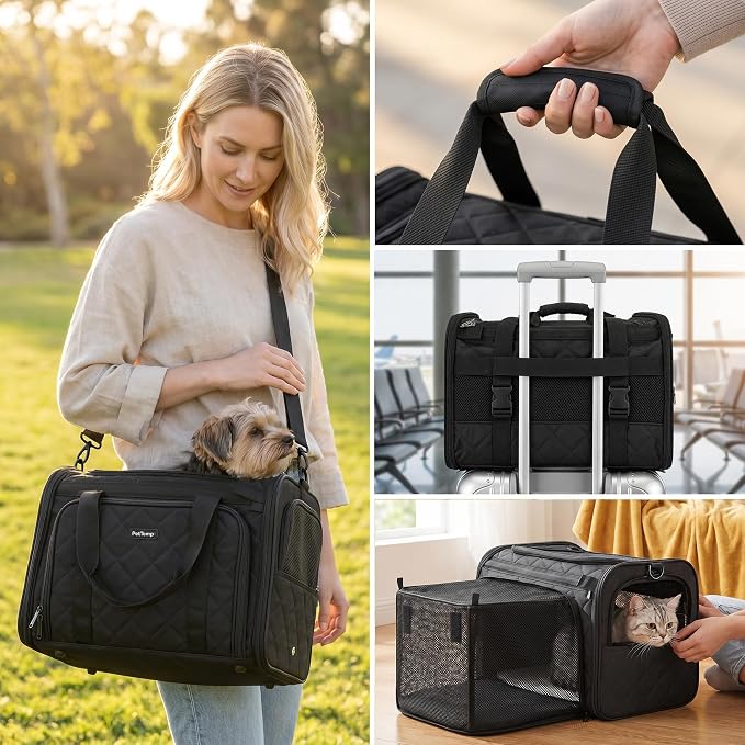 Expandable Airline Approved Cat Carrier with Large Comfort Space Soft Sided Pet Travel Bag Breathable Mesh Safe Structure Foldable Portable Carrier for Small Dogs Cats Vet Trips Flights