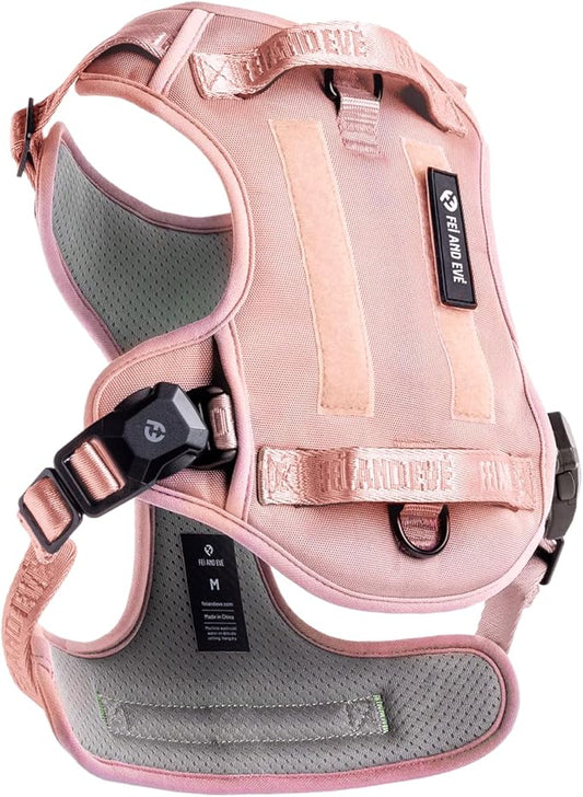 Fei & Eve Classic Dog Harness, MagEase Magnetic Buckle | 3-Point No-Pull Control, Dual Handle Support, 900D Nylon, Tactical Patch Panel, Heavy Duty, Medium, Pink