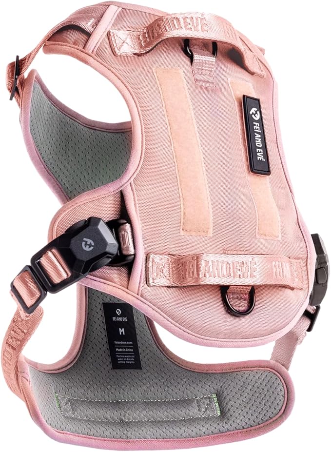 Fei & Eve Classic Dog Harness, MagEase Magnetic Buckle | 3-Point No-Pull Control, Dual Handle Support, 900D Nylon, Tactical Patch Panel, Heavy Duty, Small, Pink