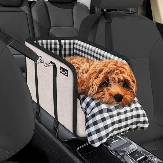 SlowTon Console Dog Car Seat - Portable Dogs Armrest Booster Seat for Small Dog, Anti-Collapse Pet Car Seat with Soft Cushion Safety Belt, Support Pet Up to 11lbs(Beige)