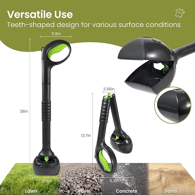 28 Inch Handle Dog Pooper Scooper Portable with Bag Attachment, One Handed Foldable Design, Includes 120 Waste Bags and Dispenser for Grass Yard Gravel Cleanup