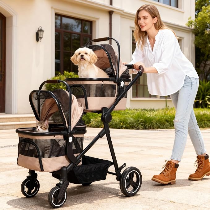 Foldable Double Pet Stroller for 2 Small Medium Cats Dogs | Convertible single/double | Detachable carriers | All-terrain wheels & shock | Safety brakes & tether | Breathable oxford