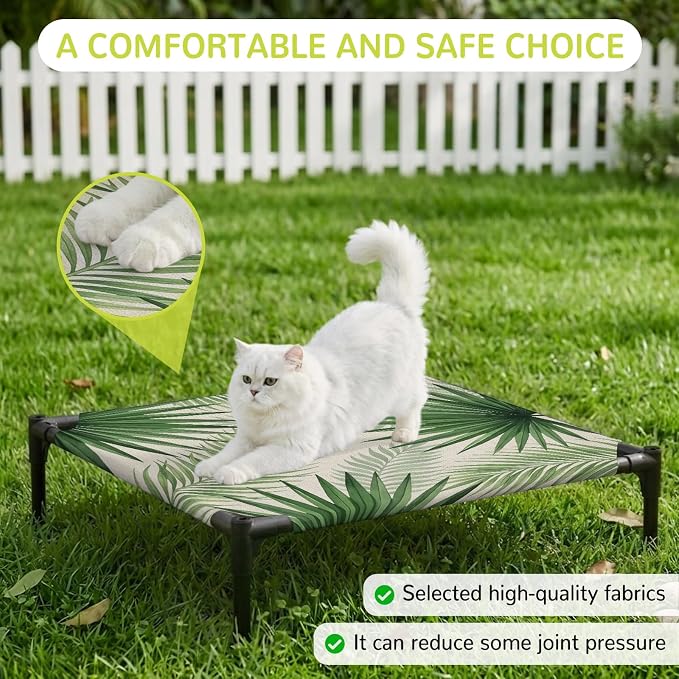 Outdoor Elevated Dog Bed for Small Dogs, Summer Leaves Breathable Cooling Raised Dog Cot for Indoor/Outdoor, Rustic Tropical Palm Leaf Plants Branches Waterproof Elevated Pet Beds, S 20 x 20 in