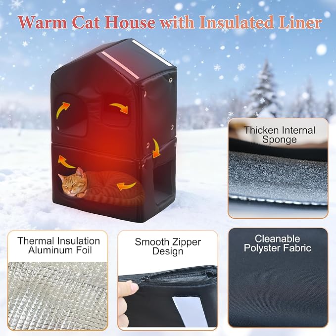 Insulated Cat House Outdoor Plastic Cats Shelter Outside with Cat Bowls | Weatherproof, Durable Plastic, with Elevated Cat Bowls, Cat Scratch Pad , Escape Door, 2-Story, Waterproof ,for Multiple Cats