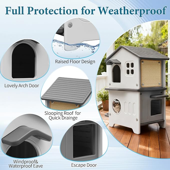 Cat House Outdoor Weatherpoof Plastic Cats Houses 2-Story | with Elevated Cat Bowls, Cat Scratch Pads and Escape Door, Indoor Waterproof Feral Cat Shelter Outside for Multiple Cats