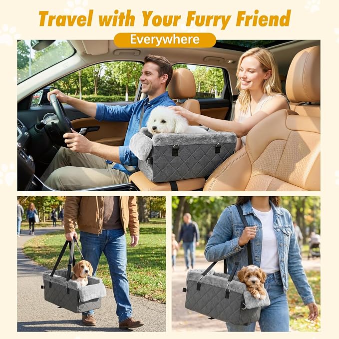 VavoPaw Center Console Dog Car Seat for Small Dogs&Cats Under 12 LBS | Puppy Car Seats with Non-Slip&Strong Support,Anti-Collapse Portable Pet Bed for Puppies with Soft Cushion Safety Belt,Gray