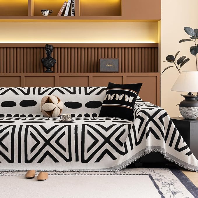 VClife Bohemian Couch Cover Western Aztec Sofa Cover for 2 Cushion Couch Sofa Washable Chenille Sofa Slipcover Boho Non Slip White Black Geometric Couch Slip Cover for Sectional Sofa 71''x118''
