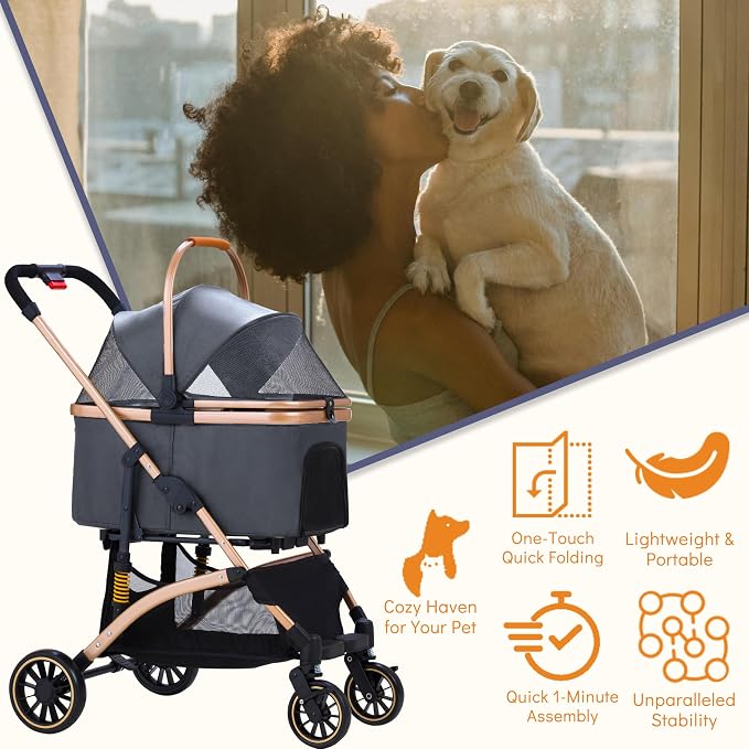 Dog Stroller for Small Dogs, Lightweight Pet Stroller for 2 Cats Dogs with 6 Shock Absorption System, Detachable Carrier Suitable for Car Seat & Hand Carry, Safe Outings, Gray