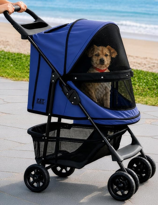 Pet Gear No-Zip Happy Trails Pet Stroller for Cats/Dogs, Caribbean Blue | Zipperless Entry, Easy Fold with Removable Liner, Safety Tether, Storage Basket + Cup Holder