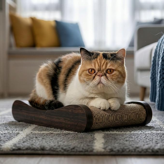 Claw Surfer Cat Bed - Cat Scratcher Bed & Lounge – Heavy Duty High-Density Cardboard, Lasts 5X Longer. Modern Curved Scratching Pad with 20mm White Frame. Non-Toxic, No Mess, Espresso