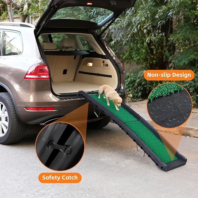 61 Inches Folding Dog Ramp for Cars Trucks SUVs Portable Pet Ramps for Large Dogs Non-Slip Stairs Step Ladder with Raised Siderails and Carrying Handle