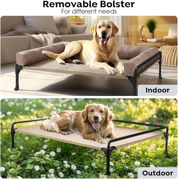 Veehoo Outdoor Elevated Dog Bed-Cooling Raised Dog Cot for Medium Sized Dog | Three-Sided Fence Raised Pet Cot with Mesh & No-Slip Feet Dog Hammock Bed with Removable Bolster-29" x 18" Beige