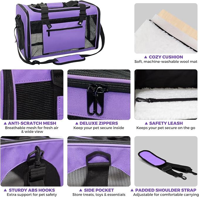 Soft-Sided Cat Carrier Expandable Pet Carrier Airline Approved Mesh Zipper with Lock Travel Carrier Up to 15lbs for Cats Dogs Collapsible Escape-Proof with Strap (18x11x11 Purple-L)