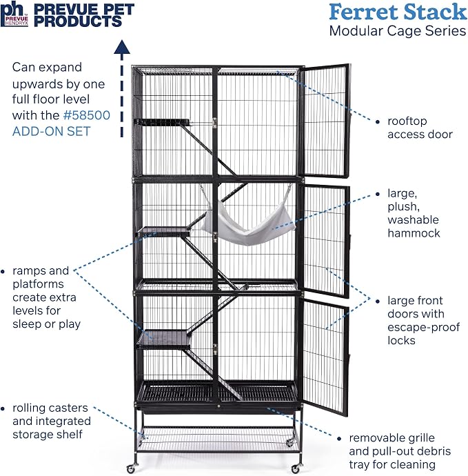 Prevue Pet Products Ferret Stack Six Story Ferret Home - Portable Stand, Escape Proof Lock, Includes Hammock & Ramps, Expandable Six Story Cage Stacking System with Wheels - Black