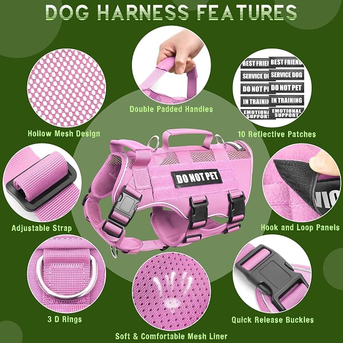 Tactical Molle Vest Mesh Dog Harness with 10 Removale Pet Patches | Breathable Service Dog harness with Double Soft Padded Handle for Large Dog, Reflective Military Pet Vest for Walk Hiking