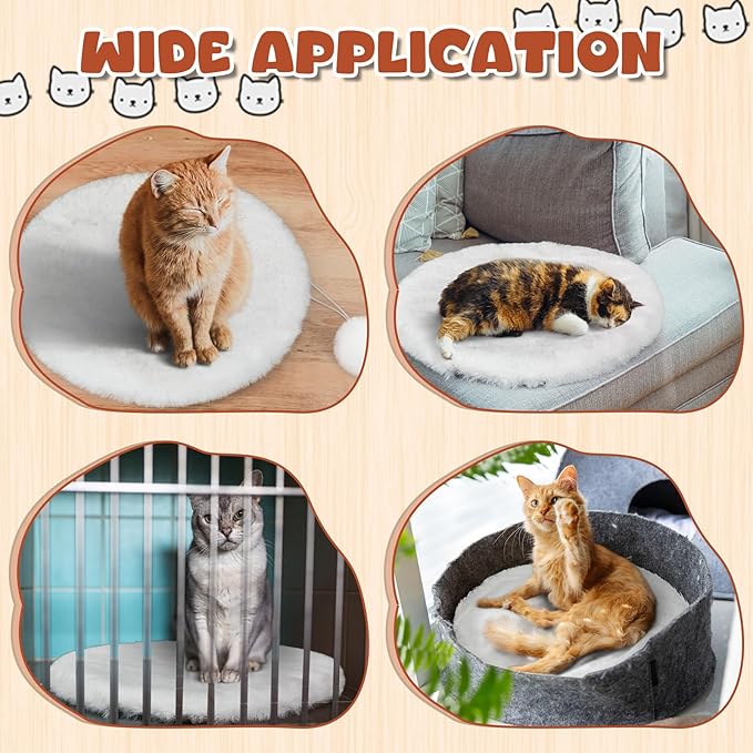 Abbylike 3 Pack 14" Round Cat Dog Bed Cushion Pad Mat Faux Rabbit Fur Pet Sleeping Mat with Small Ball Warm Plush Anti Slip Washable Cat Tree Tower Replacement Cushion Pad for Carrier Crate, White