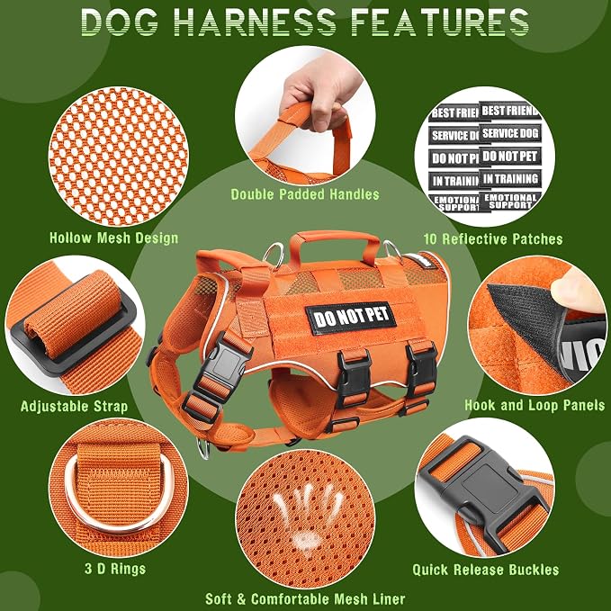 Tactical Molle Vest Mesh Dog Harness with 10 Removale Pet Patches | Breathable Service Dog harness with Double Soft Padded Handle for Small Dog, Reflective Military Pet Vest for Walk Hiking