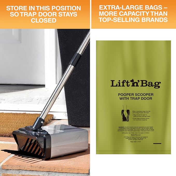 Neater Pet Brands Lift N’ Bag 2.0 Dog Pooper Scooper with Bag Attachment & 22" Pole for Small to Large Dogs, New & Improved Design, 195 Refill Bags, Heavy Duty Dog Poop Scooper for Yard, One-Hand Use
