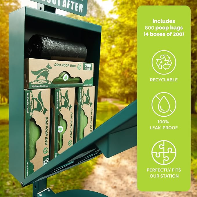 Hands-Free Dog Waste Station Outdoor with Pedal - Dog Waste Disposal System & Bag Dispenser for Park & Trails - Rust Proof Doggie Station - Night Glowing Sign | 800 Pet Waste Bags & 100 Can Liners