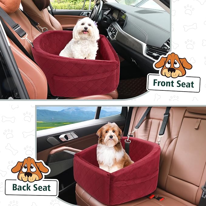NEEZUKAR Dog Car Seat for Small Medium Dogs,Detachable Washable Dog Booster Seat Under 30lbs, Pet Car Seats Travel Bed with Storage Pockets and Safety Belt(Red)