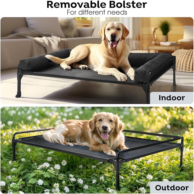 Veehoo Outdoor Elevated Dog Bed-Cooling Raised Dog Cot for Large Sized Dogs | Three-Sided Fence Raised Pet Cot with Mesh & No-Slip Feet Dog Hammock Bed with Removable Bolster-41" x 27" Black