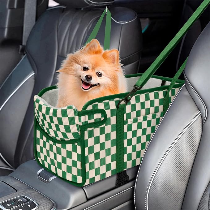 Console Dog Car Seat for Small Dogs, Foldable Booster Seat, Green Checkered | Portable Booster Seat Sits On Car Console/ Armrest. Foldable for Easy Storage. for Center Console, Easy To Clean.