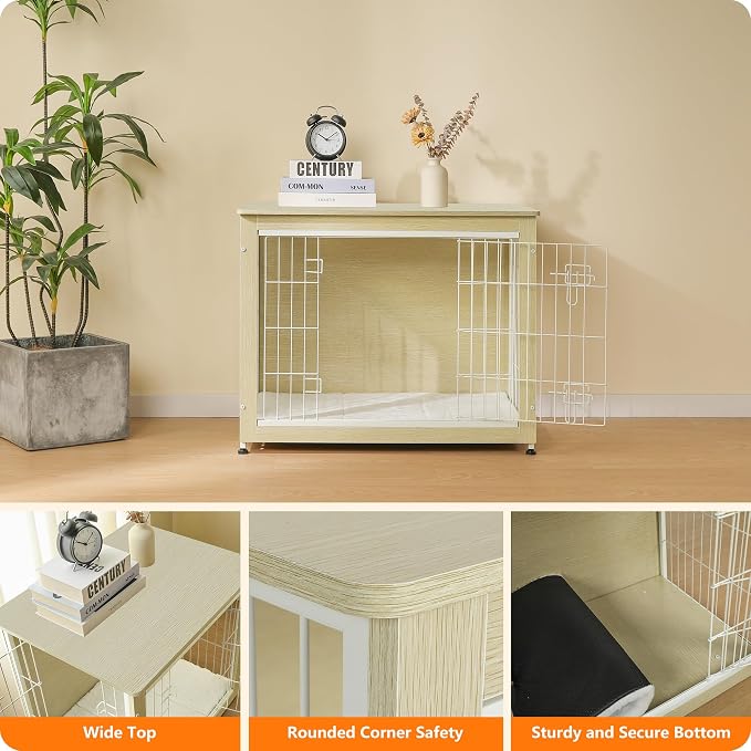 DWANTON Dog Crate Furniture with Cushion, Wooden Kennel Table with Double Doors, Indoor Dog House, Medium Size, 32.5" L, White Oak
