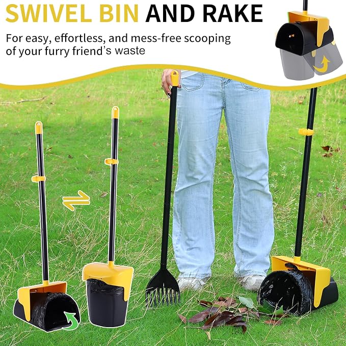ienjoyed Pooper Scooper Large Swivel Bin & Rake with 160 Waste Bags,Heavy Duty Dog Pooper Scooper with Bag Attachment for Dogs, Long Handle Poop Scooper with Lid for Yard, Grass, Gravel(Yellow)