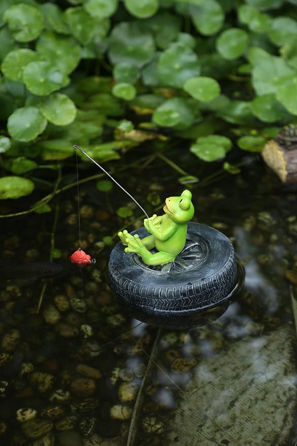 Pond Decoration, Green Resin Statue, Water Landscape Garden, Floating Decoration (Fishing for Frogs)