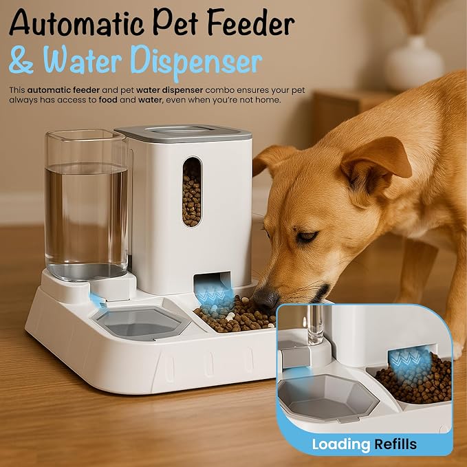 Automatic Pet Feeder & Water Dispenser – 2-in-1 Large Gravity Dog & Cat Food Feeder Water Bowl – Easy to Clean, No Power Needed – Durable, Non-Slip, Indoor/Outdoor Pet Station (Grey)