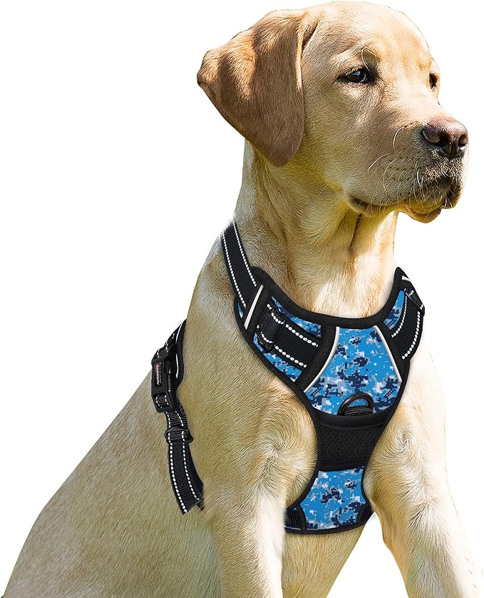 BARKBAY No Pull Dog Harness Front Clip Heavy Duty Reflective Easy Control Handle for Large Dog Walking(Blue camo,L) | Soft Padded No Choke With Handle,Easy On&Off,Adjustable Reflective For Walking Training Running(Blue Camo,L)