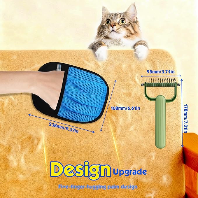 Pet Hair Removal Glove for Cats & Dogs, Five-Finger Electrostatic Reusable Magic Brush, Pet Hair Remover Tool on Carpet, Clothing, Laundry, Couch, Car Seat, with Pet Double-Sided Deshedding Brush-2Pcs