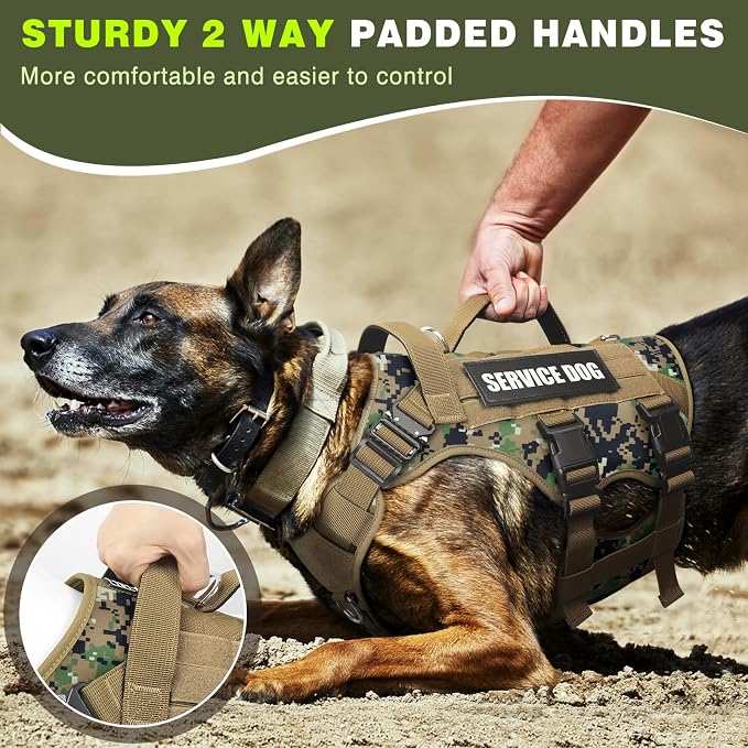 Service Dog Vest Harness for Large Dog, Tactical Working MOLLE Vest with 10 Pet Patches, No Pull Heavy Duty Harness for Training Walking