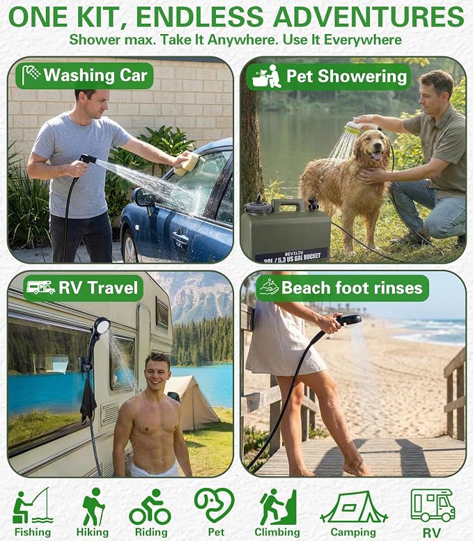 Beviliu Portable Camping Shower – 3 Gallon & 5 Gallon Food-Grade Jug, Rechargeable Pump, IPX8 Waterproof, Lightweight & Extra-Large Portable Shower for Camping, Beach, RV, Pet