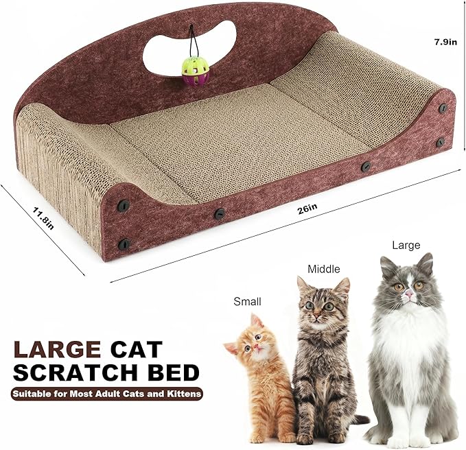 26" Cat Scratcher Bed, Large Scratcher Couch for Indoor Cats, Cardboard Scratcher Sofa, Durable Scratch Pad with Ball, Furniture Protector (Brown, Large)