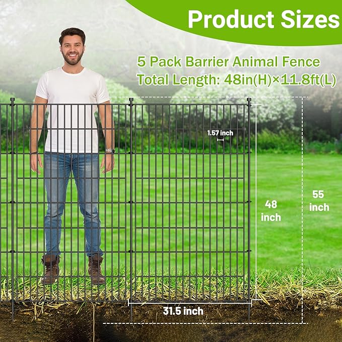 5 Panels No Dig Decorative Outdoor Garden Fence with Gate for Yard, 48 in(H) X 13.13 ft(L) Animal Barrier Fencing Rustproof Metal Wire Panel Border for Dog, Rabbits, and Patio Temporary Ground Stakes