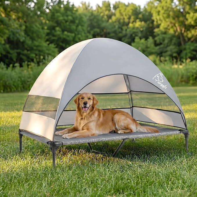 Elevated Outdoor Dog Bed with Canopy Raised Dog Cot with Shade Large Dog | Outdoor Dog Bed with Removable Wider Shade & Stable Anti-Slip Feet for Camping Raised Dogs Cot for Large Pets
