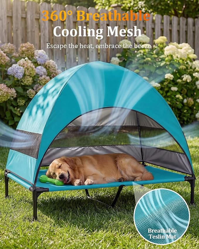 Elevated Dog Bed with Canopy - 3-Sided UV Protection Pet Tent with Wider Shade, Raised Cooling Outdoor Dog Cot with Breathable Mesh for Medium Large Dogs, Portable Bed for Camping, Patio (Aqua, XL)