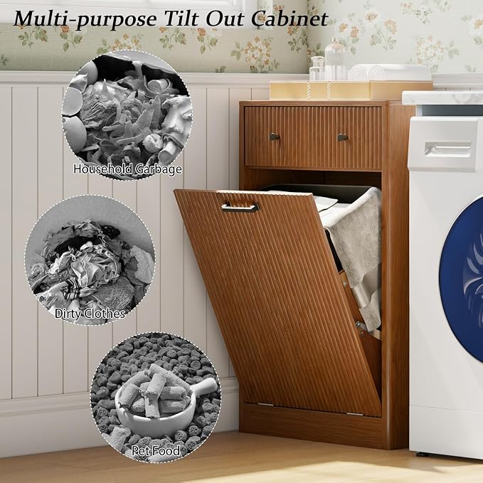 10-Gallon Single Tilt Out Trash Can Cabinet with Drawer,Kitchen Trash Can Cabinet Garbage Recycling Cabinet Wooden Dog-Proof Trash Cabinet for Dining Room and Kitchen,Laundry Room